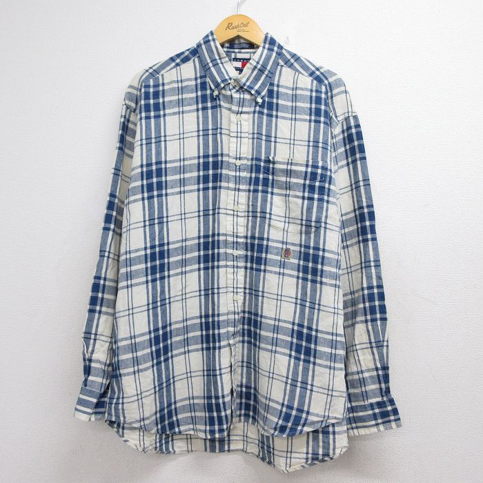 トミーヒルフィガー 90s 長袖シャツ ワンポイントロゴ ネイビーチェック メンズXL相当 | 古着