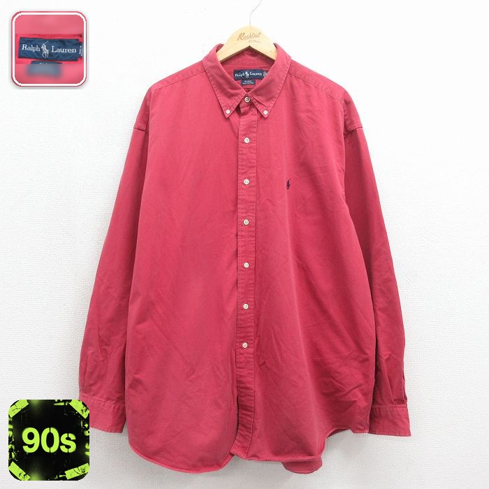 古着通販 XL 古着 ラルフローレン 長袖 ブランド シャツ メンズ 90年代 90s ワンポイントロゴ BLAKE 大きいサイズ ロング丈 コットン ボタンダウン レッド