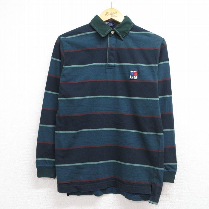 ノーティカ 90s 長袖ラガーシャツ ワンポイントロゴ ネイビーボーダー メンズS相当 | 古着