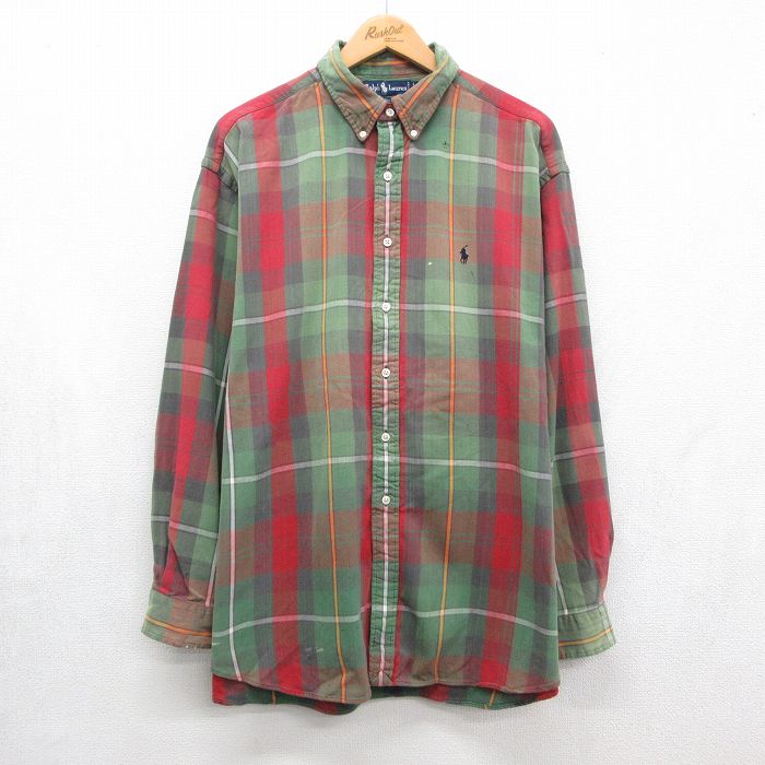 ラルフローレン 90s 長袖シャツ ワンポイントロゴ グリーンチェック メンズXL相当 | 古着