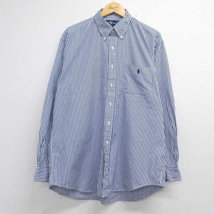 ラルフローレン 90s 長袖シャツ ワンポイントロゴ ブルーストライプ メンズXL相当 | 古着