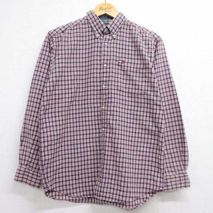 トミーヒルフィガー 90s 長袖シャツ ワンポイントロゴ ネイビーチェック メンズM相当 | 古着