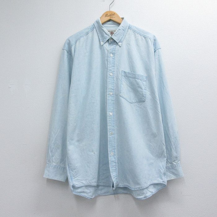 XL★古着 バナナリパブリック 長袖 ブランド シャンブレー シャツ メンズ 90年代 90s ロング丈 コットン ボタンダウン ライトブルー【spe】 26jul06