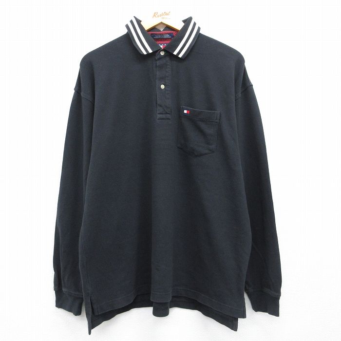 トミーヒルフィガー 90s 長袖ポロシャツ ワンポイントロゴ ブラック メンズXL相当 | 古着