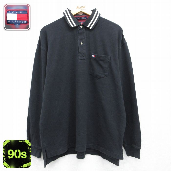 トミーヒルフィガー 90s 長袖ポロシャツ ワンポイントロゴ ブラック メンズXL相当 | 古着