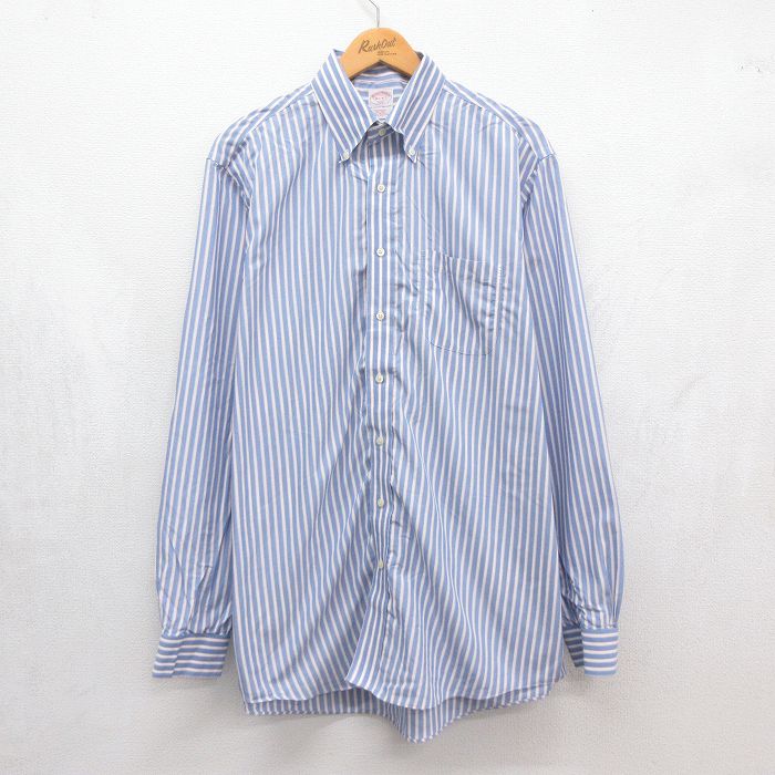 XL★古着 長袖 ブランド シャツ メンズ ロング丈 コットン ボタンダウン ライトブルー ストライプ 26jul21