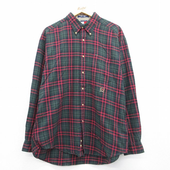 トミーヒルフィガー 90s 長袖シャツ ワンポイントロゴ グリーンチェック メンズXL相当 | 古着