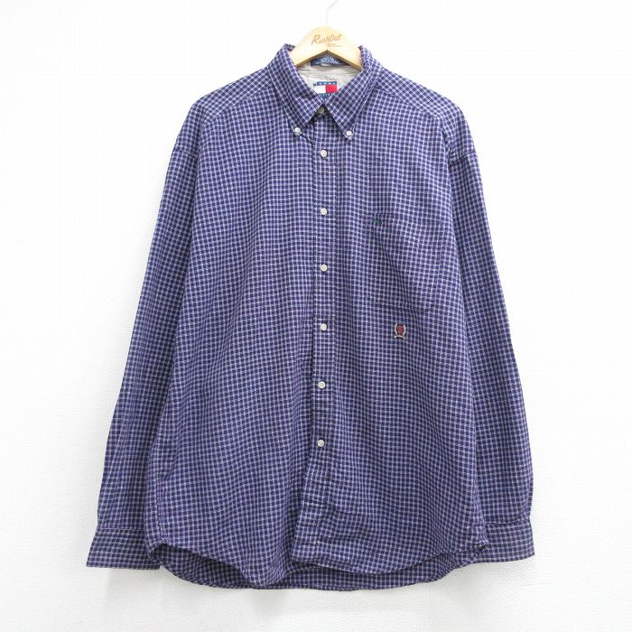 XL★古着 トミーヒルフィガー 長袖 ブランド シャツ メンズ 90年代 90s ワンポイントロゴ ロング丈 コットン ボタンダウン パープル チェック【spe】 26aug06