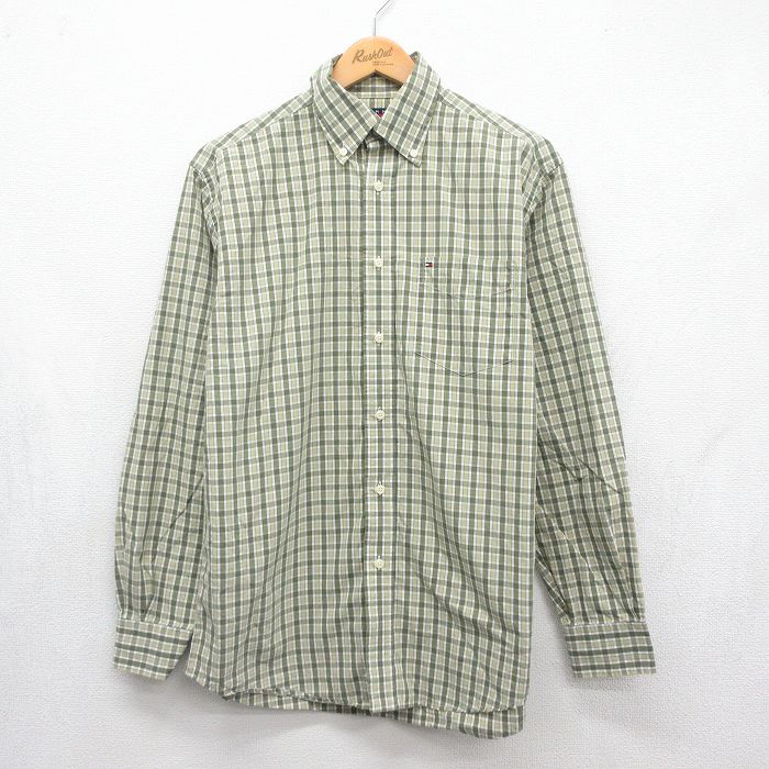 トミーヒルフィガー 90s 長袖シャツ ワンポイントロゴ カーキチェック メンズM相当 | 古着