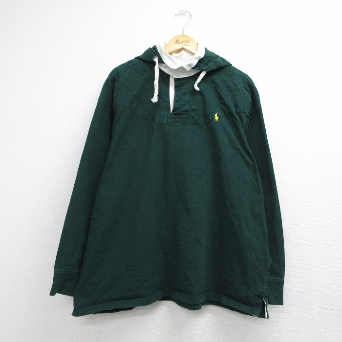 XL★古着 ラルフローレン 長袖 ブランド ラガー シャツ パーカー メンズ 90年代 90s ワンポイントロゴ ヒジ当て 大きいサイズ コットン グリーン【spe】 26aug10