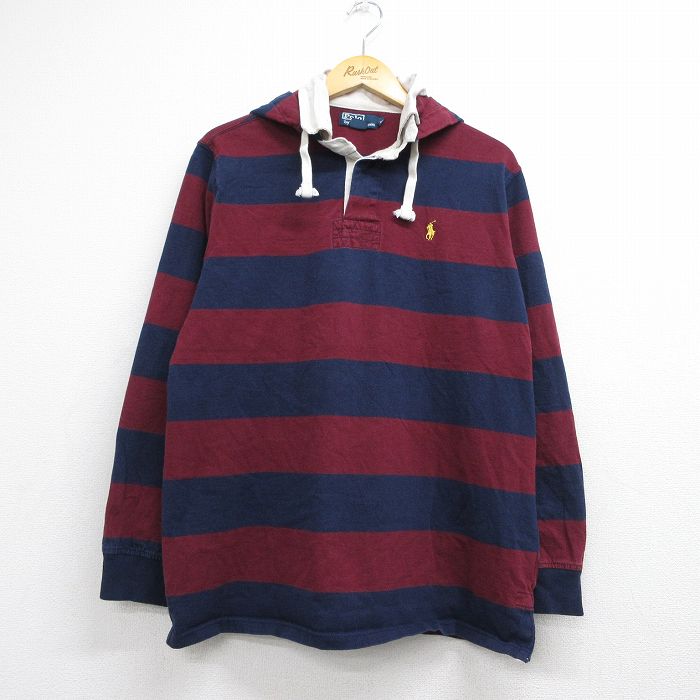 XL★古着 ラルフローレン 長袖 ブランド ラガー シャツ パーカー メンズ 90年代 90s ワンポイントロゴ ヒジ当て コットン バーガンディ ボーダー【spe】 26aug10