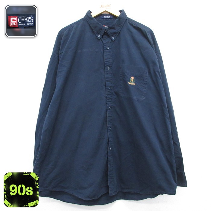 ラルフ チャプス CHAPS RL 長袖 ブランド シャツ 90s ロング丈 ワンポイントロゴ コットン ボタンダウン ブラック メンズXL相当 | 古着