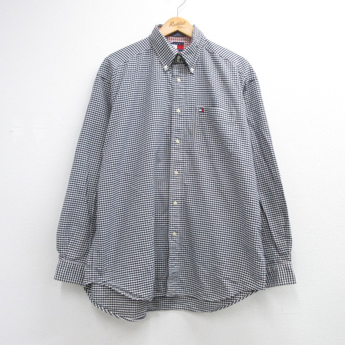 トミーヒルフィガー 90s 長袖シャツ ワンポイントロゴ ネイビーチェック メンズXL相当 | 古着