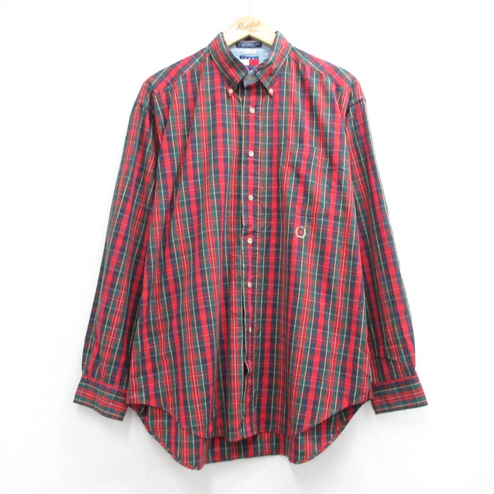 トミーヒルフィガー 90s 長袖シャツ ワンポイントロゴ タータンチェック レッド メンズXL相当 | 古着