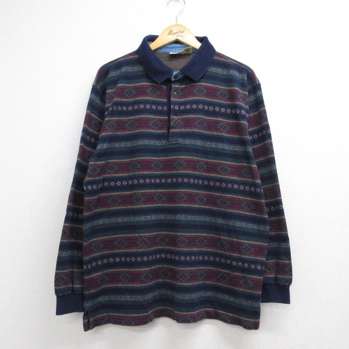 エルエルビーン 90s 長袖ポロシャツ フェアアイルネイティブ柄 ネイビー メンズL相当 | 古着