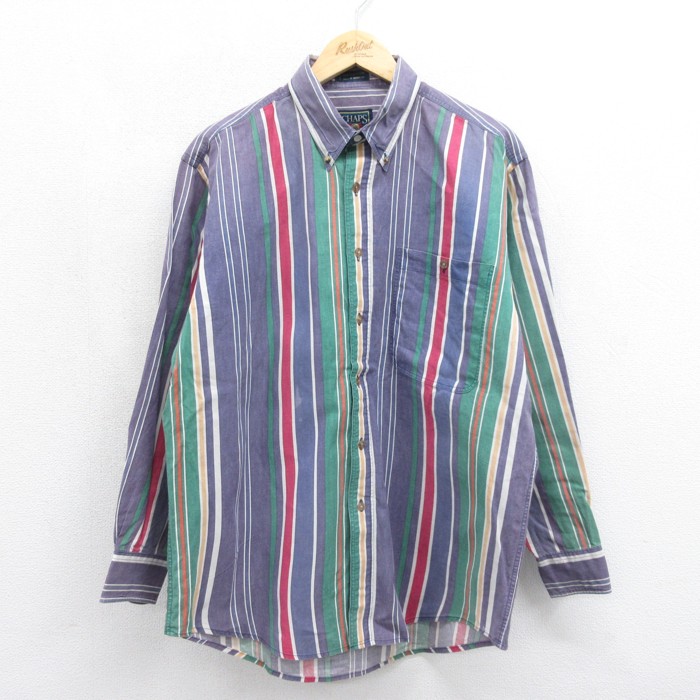CHAPS 長袖 ブランド シャツ 80s コットン ボタンダウン ストライプ パープル メンズXL相当 | 古着