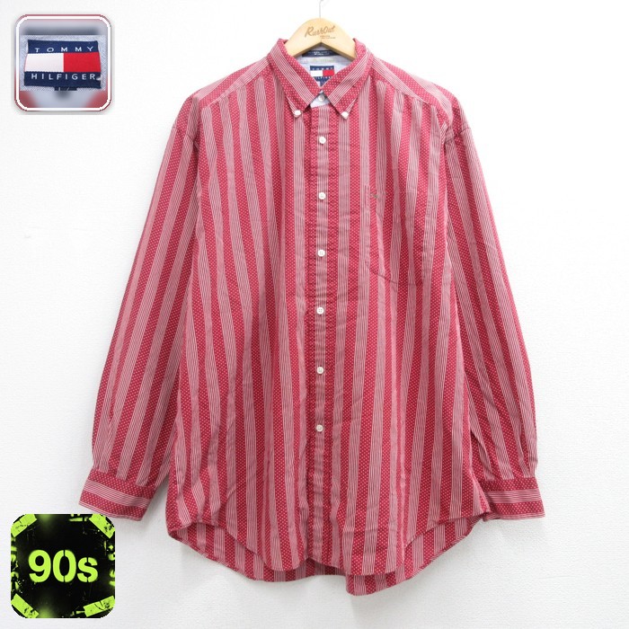 トミーヒルフィガー 90s 長袖シャツ ストライプ レッド メンズXL相当 | 古着