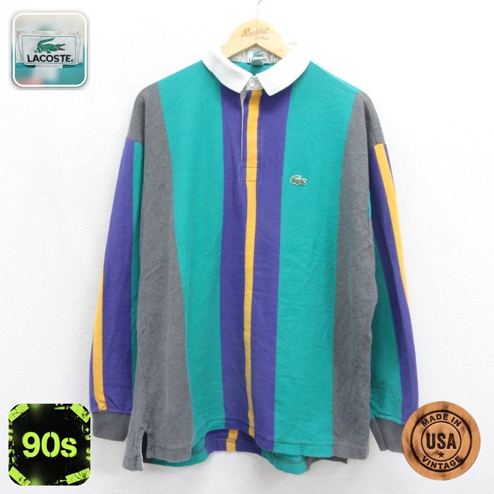 ラコステ 90s 長袖シャツ ラガーストライプ グリーン メンズL相当 | 古着
