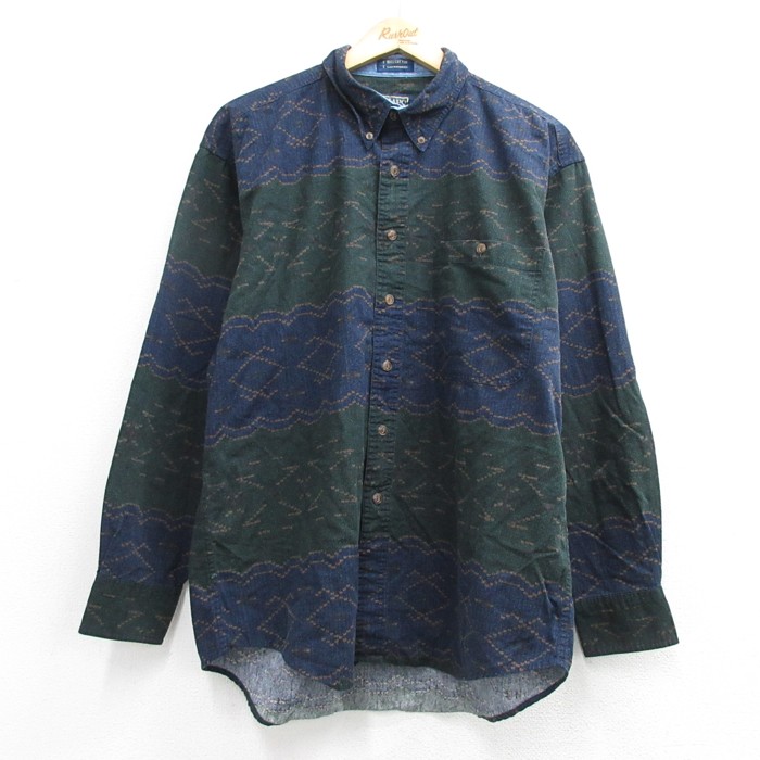 CHAPS 長袖 ブランド シャツ 80s コットン ボタンダウン 総柄 ネイビー メンズXL相当 | 古着