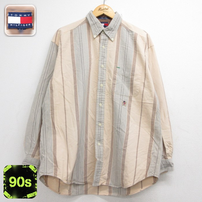 トミーヒルフィガー 90s 長袖シャツ 刺繍ストライプ ベージュ メンズXL相当 | 古着