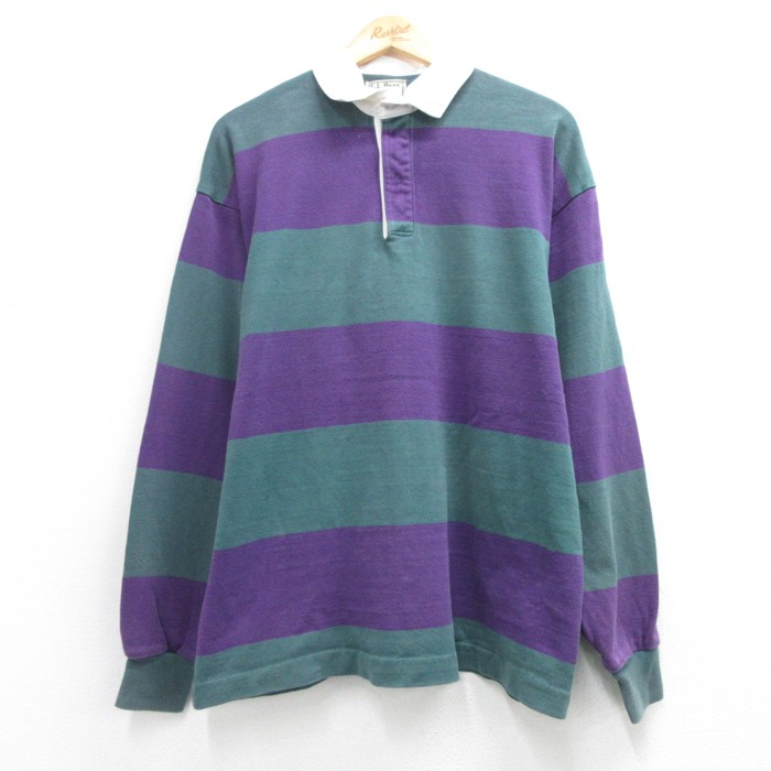 エルエルビーン 90s 長袖ラガーシャツ ボーダー パープル メンズL相当 | 古着