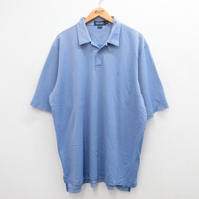 XL★古着 ラルフローレン Ralph Lauren ポロゴルフ 半袖 ブラント ポロ シャツ メンズ 90年代 90s 鹿の子 ワンポイントロゴ 大きいサイズ ロング丈 コットン 薄紺 ネイビー 24mar02 中古 トップス