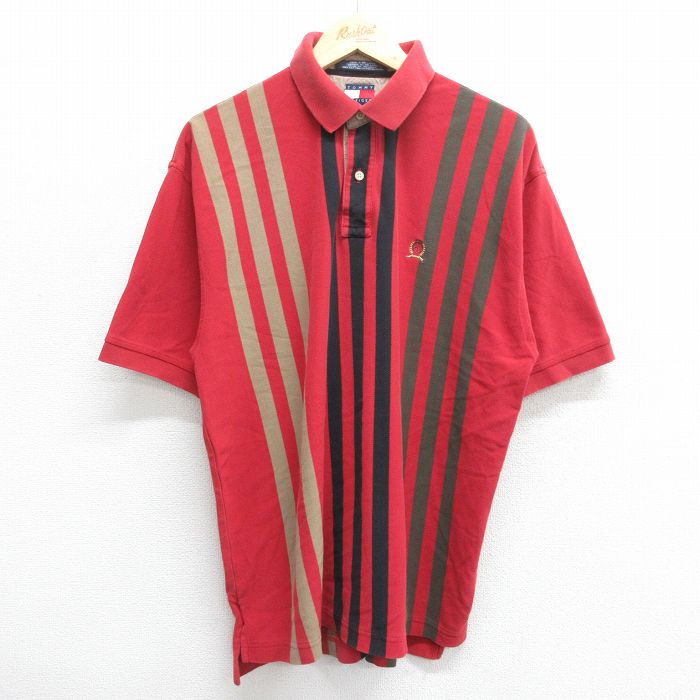 【50%OFF】L★古着 トミーヒルフィガー TOMMY HILFIGER 半袖 ブランド ポロ シャツ メンズ 90年代 90s ワンポイントロゴ 鹿の子 コットン 赤他 レッド 24mar30 中古 トップス