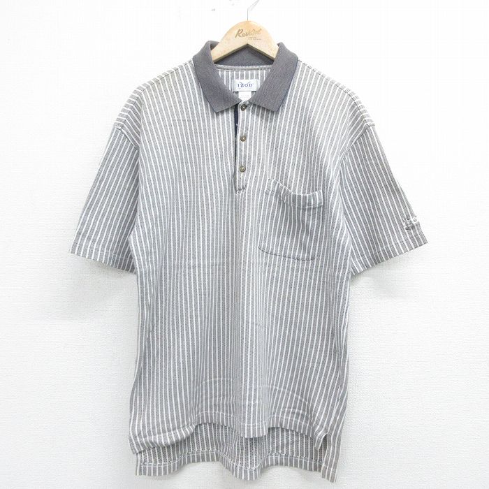 XL★古着 IZOD 半袖 ブランド ポロ シャツ メンズ ワンポイントロゴ コットン ベージュ他 カーキ ストライプ 24apr01 中古 トップス