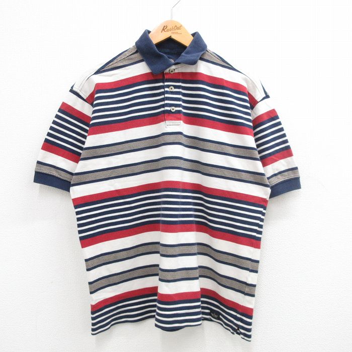 XL★古着 ドッカーズ 半袖 ブランド ポロ シャツ メンズ 鹿の子 コットン 紺他 ネイビー ボーダー 24may14 中古 トップス