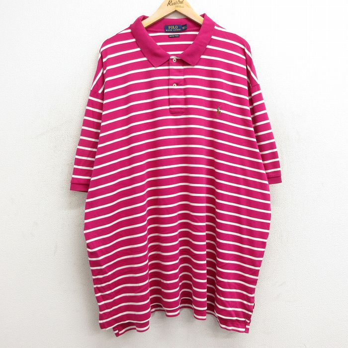 XL★古着 ラルフローレン Ralph Lauren 半袖 ブランド ポロ シャツ メンズ ワンポイントロゴ 大きいサイズ ロング丈 コットン 濃ピンク系他 ボーダー 24jun24 中古 トップス