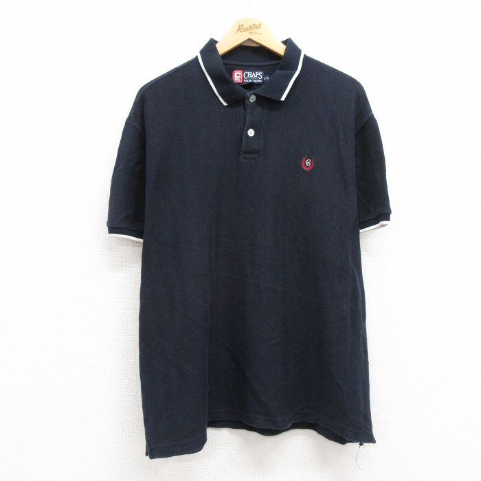 【20%OFF】XL★古着 ラルフローレン Ralph Lauren チャップス 半袖 ブランド ポロ シャツ メンズ 90年代 90s ワンポイントロゴ ヘリンボーン 大きいサイズ コットン 紺 ネイビー 24aug06 中古 トップス