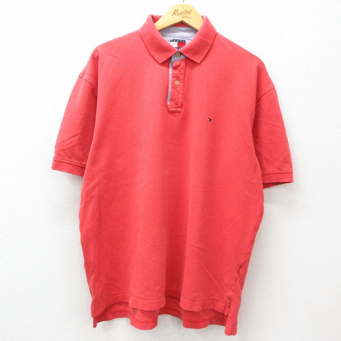 XL★古着 トミーヒルフィガー TOMMY HILFIGER 半袖 ブランド ポロ シャツ メンズ 90年代 90s ワンポイントロゴ 鹿の子 大きいサイズ コットン 赤系 レッド 25apr09 中古 トップス