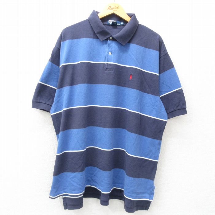 XL★古着 ラルフローレン Ralph Lauren 半袖 ブランド ポロ シャツ メンズ 90年代 90s ワンポイントロゴ 鹿の子 大きいサイズ コットン 紺他 ネイビー ボーダー 【spe】 25apr09 中古 トップス
