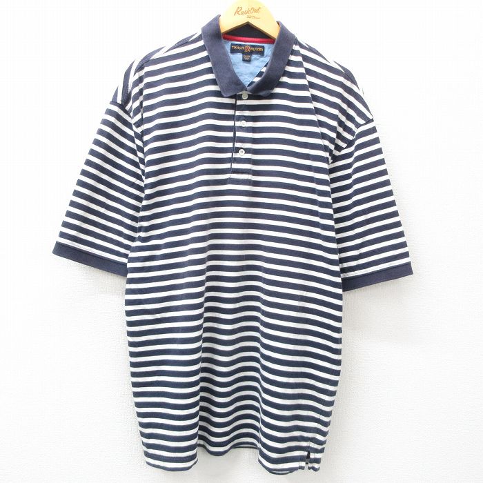 XL★古着 トミーヒルフィガー TOMMY HILFIGER 半袖 ブランド ポロ シャツ メンズ 大きいサイズ ロング丈 コットン 紺他 ネイビー ボーダー 25apr09 中古 トップス