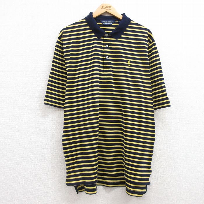 XL★古着 ラルフローレン Ralph Lauren ポロゴルフ 半袖 ブランド ポロ シャツ メンズ 90年代 90s ワンポイントロゴ 鹿の子 大きいサイズ コットン 紺他 ネイビー ボーダー 25apr15 中古 トップス