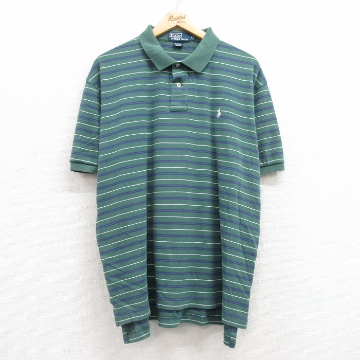 XL★古着 ラルフローレン Ralph Lauren 半袖 ブランド ポロ シャツ メンズ 90年代 90s ワンポイントロゴ 大きいサイズ コットン 緑他 グリーン ボーダー 25apr15 中古 トップス