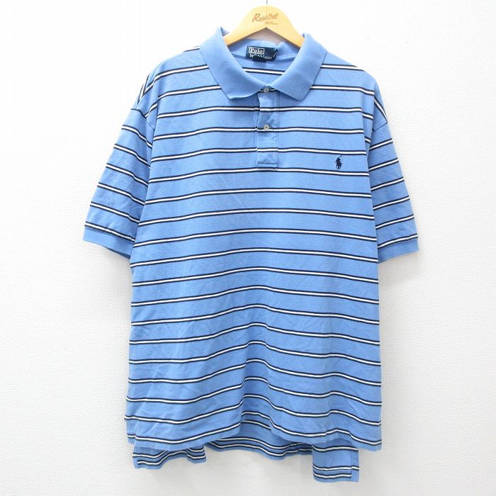 【20%OFF】XL★古着 ラルフローレン Ralph Lauren 半袖 ブランド ポロ シャツ メンズ 90年代 90s ワンポイントロゴ 鹿の子 大きいサイズ コットン 薄紺他 ネイビー ボーダー 25apr16 中古 トップス