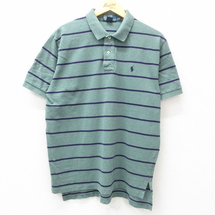 XL★古着 ラルフローレン Ralph Lauren 半袖 ブランド ポロ シャツ メンズ 90年代 90s ワンポイントロゴ コットン 緑系 グリーン ボーダー 25apr16 中古 トップス