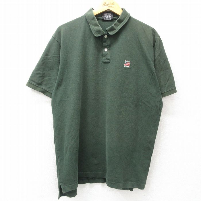 XL★古着 ラルフローレン Ralph Lauren ポロジーンズ 半袖 ブランド ポロ シャツ メンズ ワンポイントロゴ 星条旗 鹿の子 大きいサイズ コットン 緑 グリーン 25apr16 中古 トップス