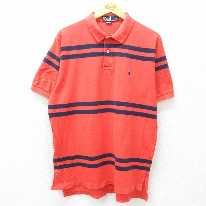 XL★古着 ラルフローレン Ralph Lauren 半袖 ブランド ポロ シャツ メンズ 90年代 90s ワンポイントロゴ 鹿の子 コットン オレンジ系 ボーダー 25apr16 中古 トップス