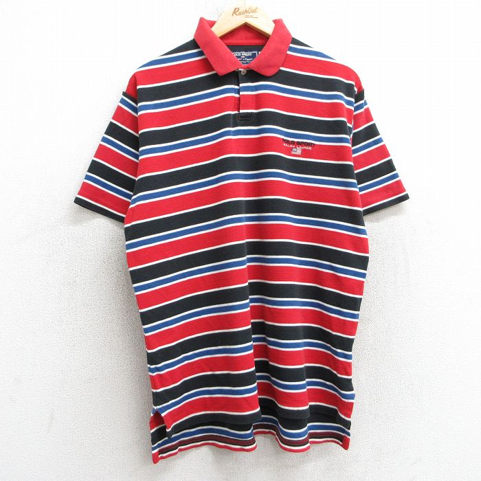 XL★古着 ラルフローレン Ralph Lauren ポロスポーツ 半袖 ブランド ポロ シャツ メンズ ワンポイントロゴ コットン 赤他 レッド ボーダー 25apr17 中古 トップス