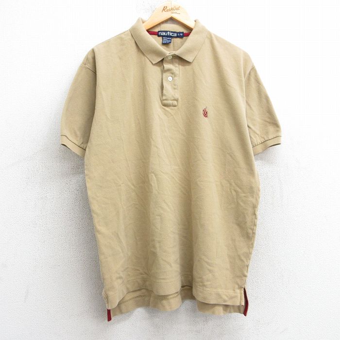 XL★古着 ノーティカ NAUTICA 半袖 ブランド ポロ シャツ メンズ 90年代 90s ワンポイントロゴ 鹿の子 コットン ベージュ カーキ 25apr17 中古 トップス