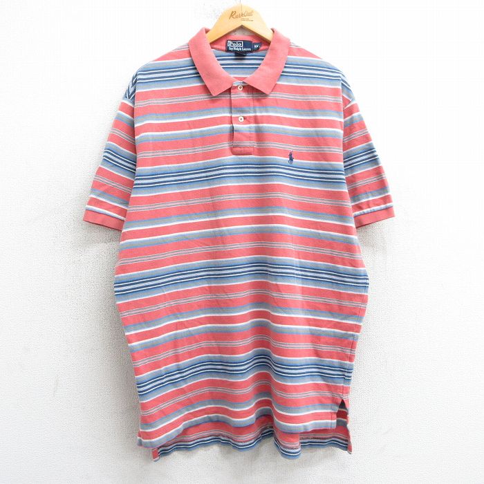 XL★古着 ラルフローレン Ralph Lauren 半袖 ブランド ポロ シャツ メンズ 90年代 90s ワンポイントロゴ 大きいサイズ 鹿の子 コットン ピンク系他 ボーダー 【spe】 25apr17 中古 トップス