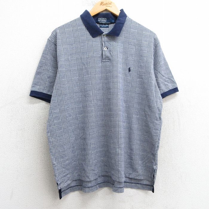 XL★古着 ラルフローレン Ralph Lauren 半袖 ブランド ポロ シャツ メンズ 90年代 90s ワンポイントロゴ 大きいサイズ コットン 紺他 ネイビー チェック 25apr17 中古 トップス