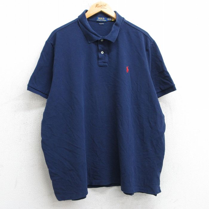 XL★古着 ラルフローレン Ralph Lauren 半袖 ブランド ポロ シャツ メンズ ワンポイントロゴ 鹿の子 コットン 紺 ネイビー 25apr17 中古 トップス