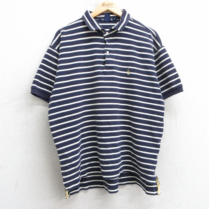 XL★古着 ノーティカ NAUTICA 半袖 ブランド ポロ シャツ メンズ 90年代 90s ワンポイントロゴ 大きいサイズ コットン USA製 紺他 ネイビー ボーダー 25apr17 中古 トップス