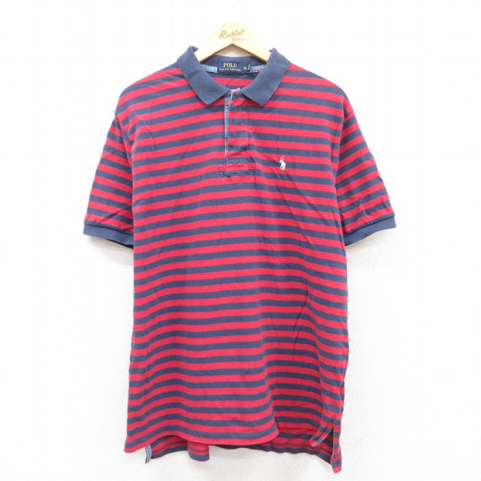 XL★古着 ラルフローレン Ralph Lauren 半袖 ブランド ラガー シャツ メンズ コットン 鹿の子 赤他 レッド ボーダー 25apr24 中古 トップス