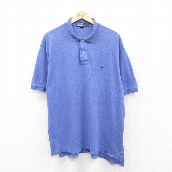 XL★古着 ラルフローレン Ralph Lauren 半袖 ブランド ポロ シャツ メンズ 90年代 90s ワンポイントロゴ リネン 薄紺 ネイビー 25apr24 中古 トップス