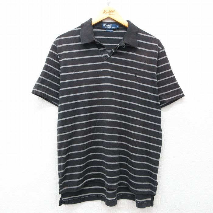 L★古着 ラルフローレン Ralph Lauren 半袖 ブランド ポロ シャツ メンズ 90年代 90s ワンポイントロゴ コットン 黒他 ブラック ボーダー 25apr26 中古 トップス