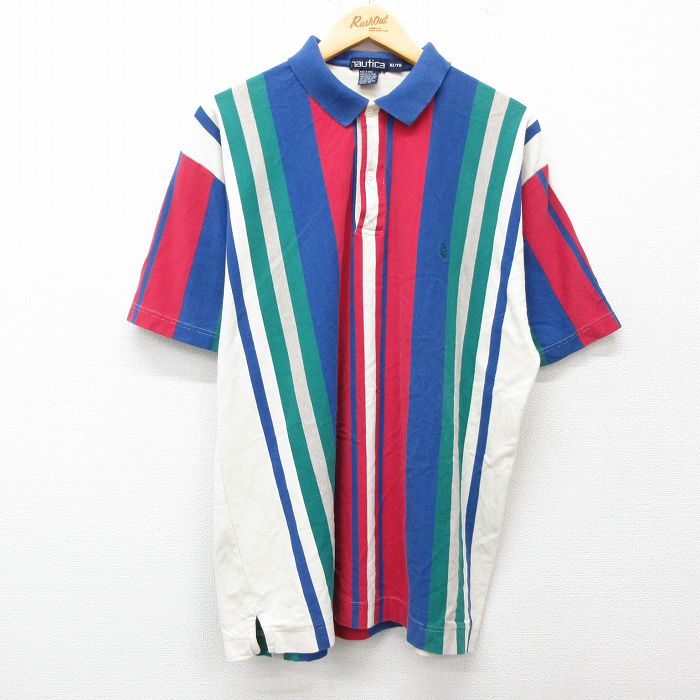 L★古着 ノーティカ NAUTICA 半袖 ブランド ポロ シャツ メンズ 90年代 90s ワンポイントロゴ 鹿の子 コットン 青他 ブルー ストライプ 25apr26 中古 トップス